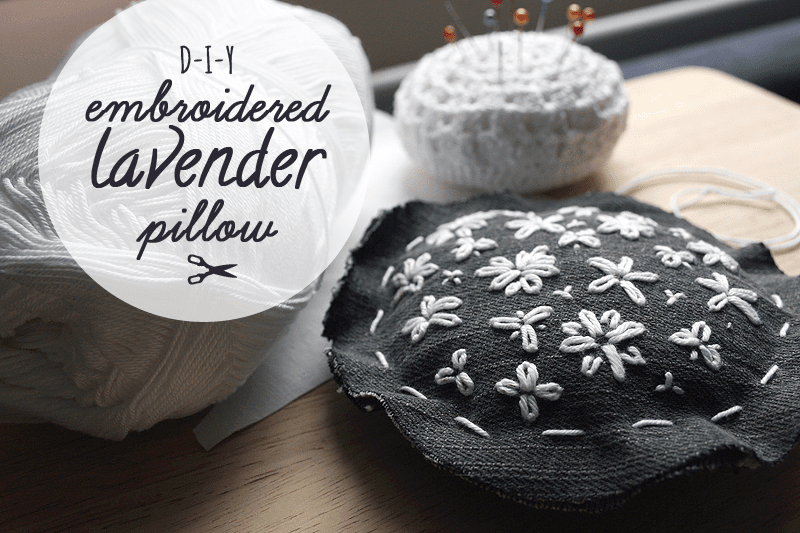 DIY lazy daisy embroidered denim lavender pillow