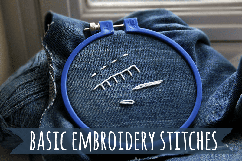 Basic embroidery stitches: running stitch, blanket stitch, lazy daisy stitch, and chain stitch